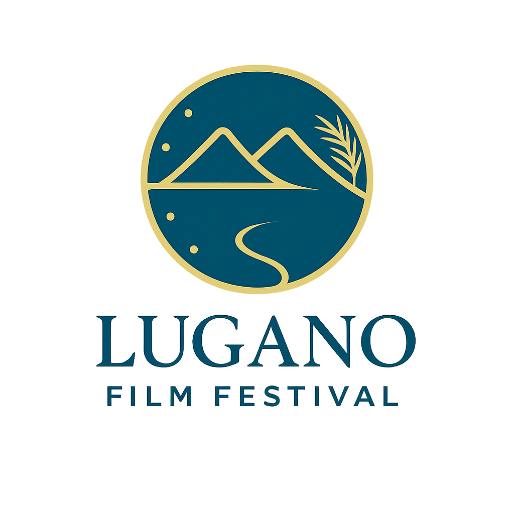 Lugano Film Festival official logo – twin mountains, palm, and lake curve in gold and teal
